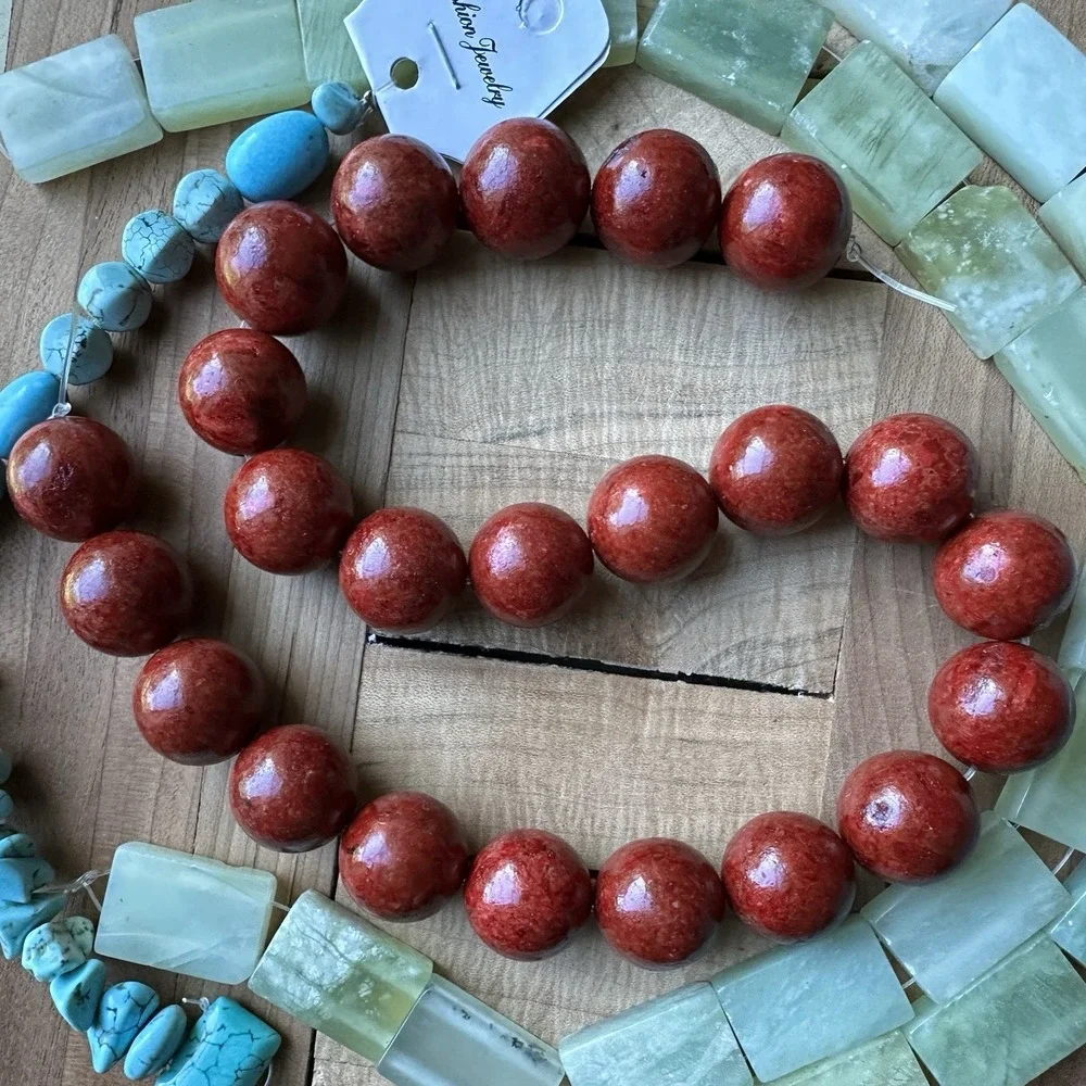 Lapidary Stone Beads 4 Strand Lot Nephrite Jade Fossil Red Coral Blue Turquoise - Picture 4 of 12